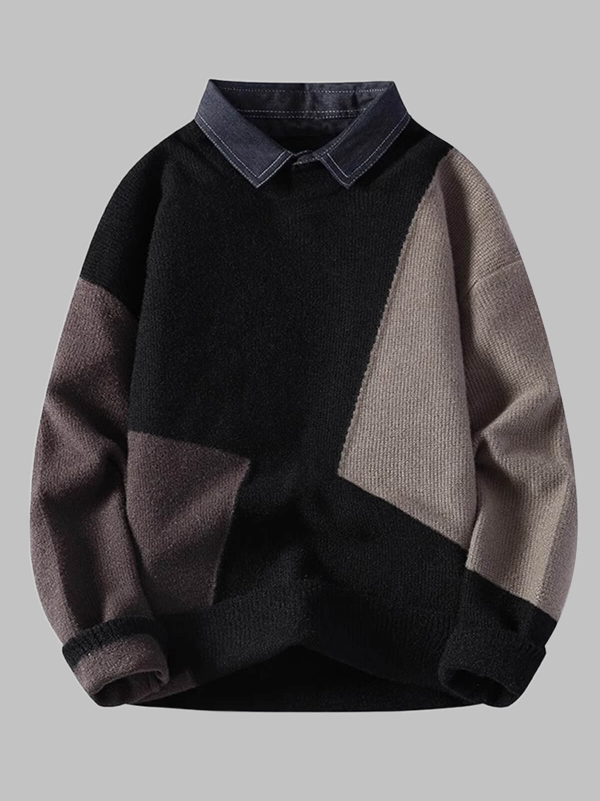 Xavion | Gebreide heren trui met denim kraag - casual, warm, stijlvolle trui