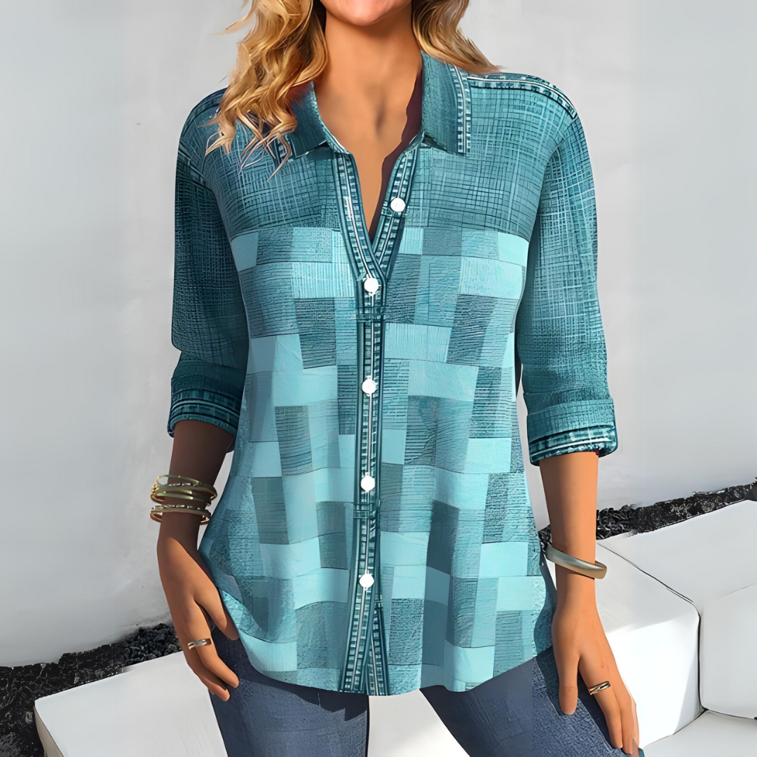 Haedra | Geruit overhemd met knoopsluiting - geruite top met 3/4 mouwen voor dames, casual blouse met geruite print