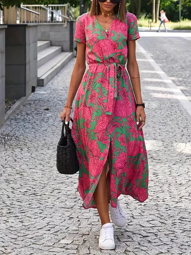 Caden - Boho V-hals met korte mouwen en stropdas splitjurk met grafische print