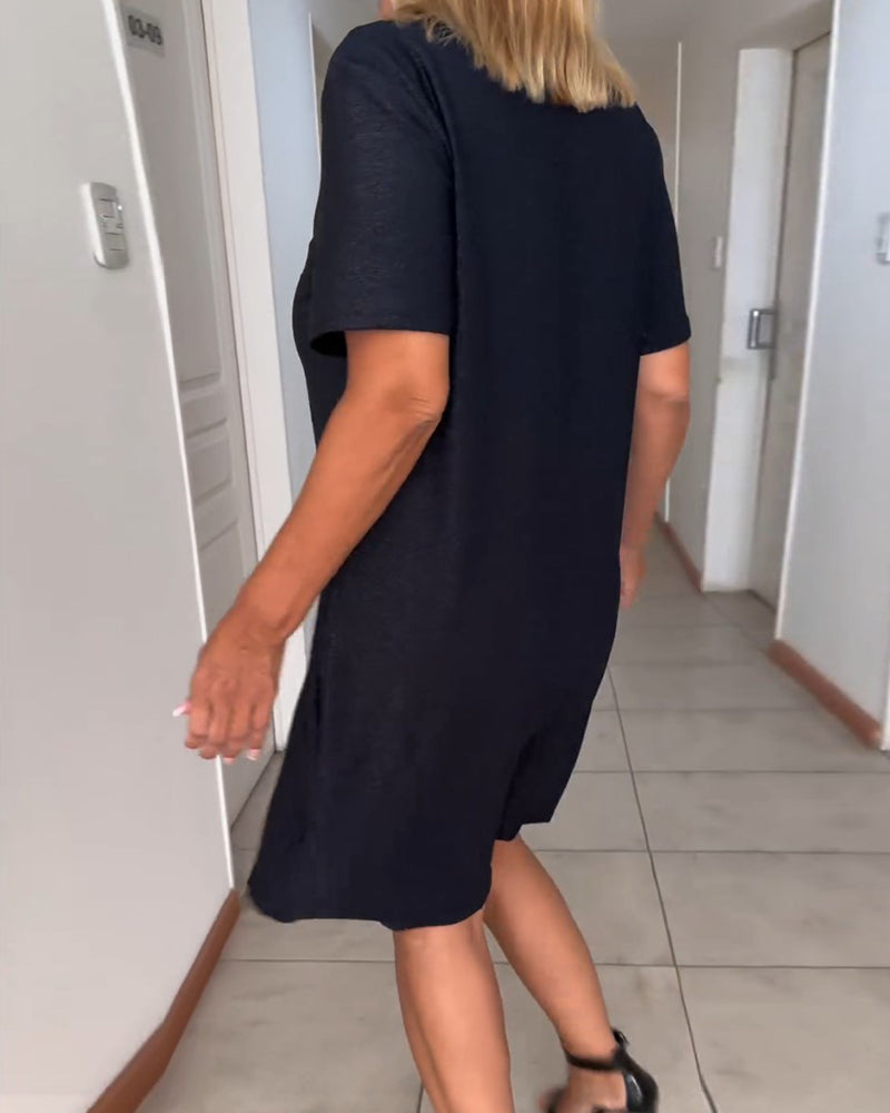 Vianney | Women's Short Sleeve V-Neck Dress - Elegant Knee-Length Attire