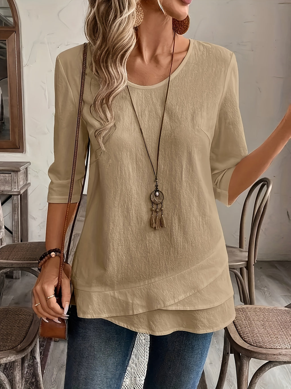 Ferene | Casual Women's Round Neck Shirt with Patchwork Hem, 3/4 Sleeves