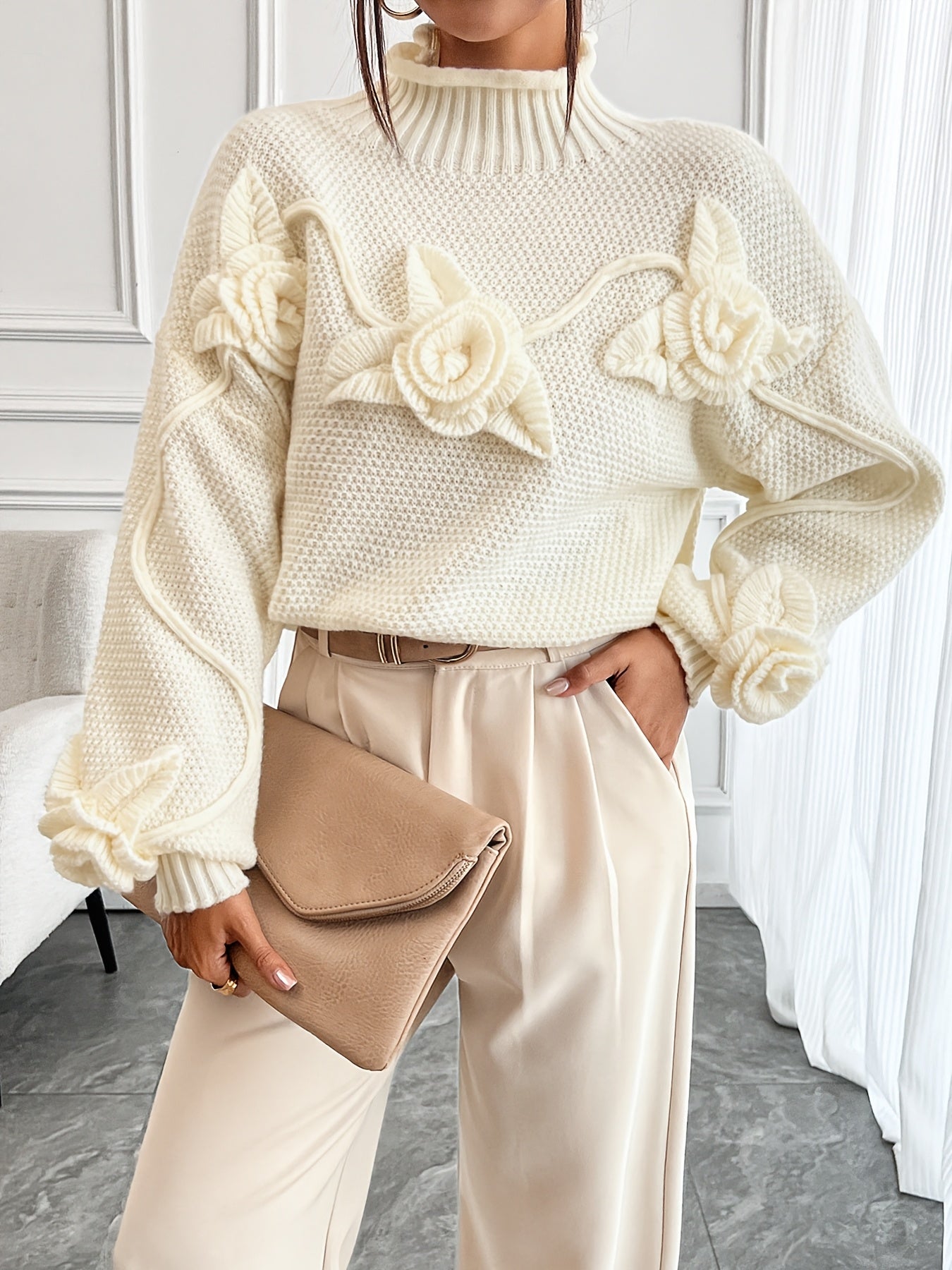 Gweneira | Elegant Floral Turtleneck for Women - Lantern Sleeves, Casual Fashion