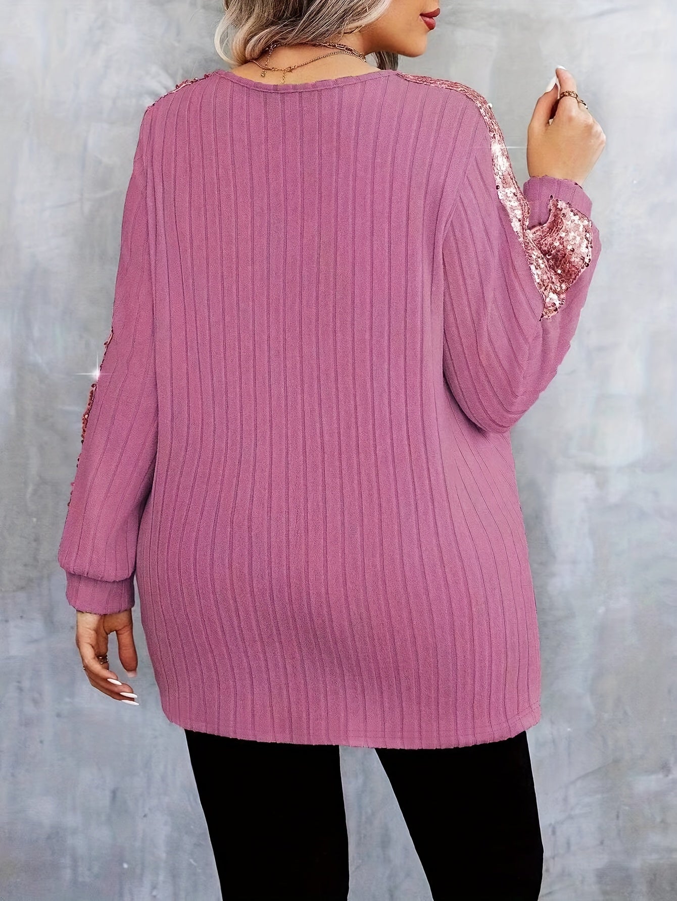 Gwenaelle | Dames-T-shirt met lange mouwen en paillettenprint, casual top met V-hals en paillettenprint