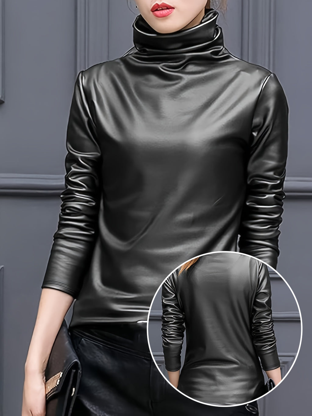 Elfrida | Vrouwen Lange Mouwen PU Leren Coltrui - Elegante Casual Top