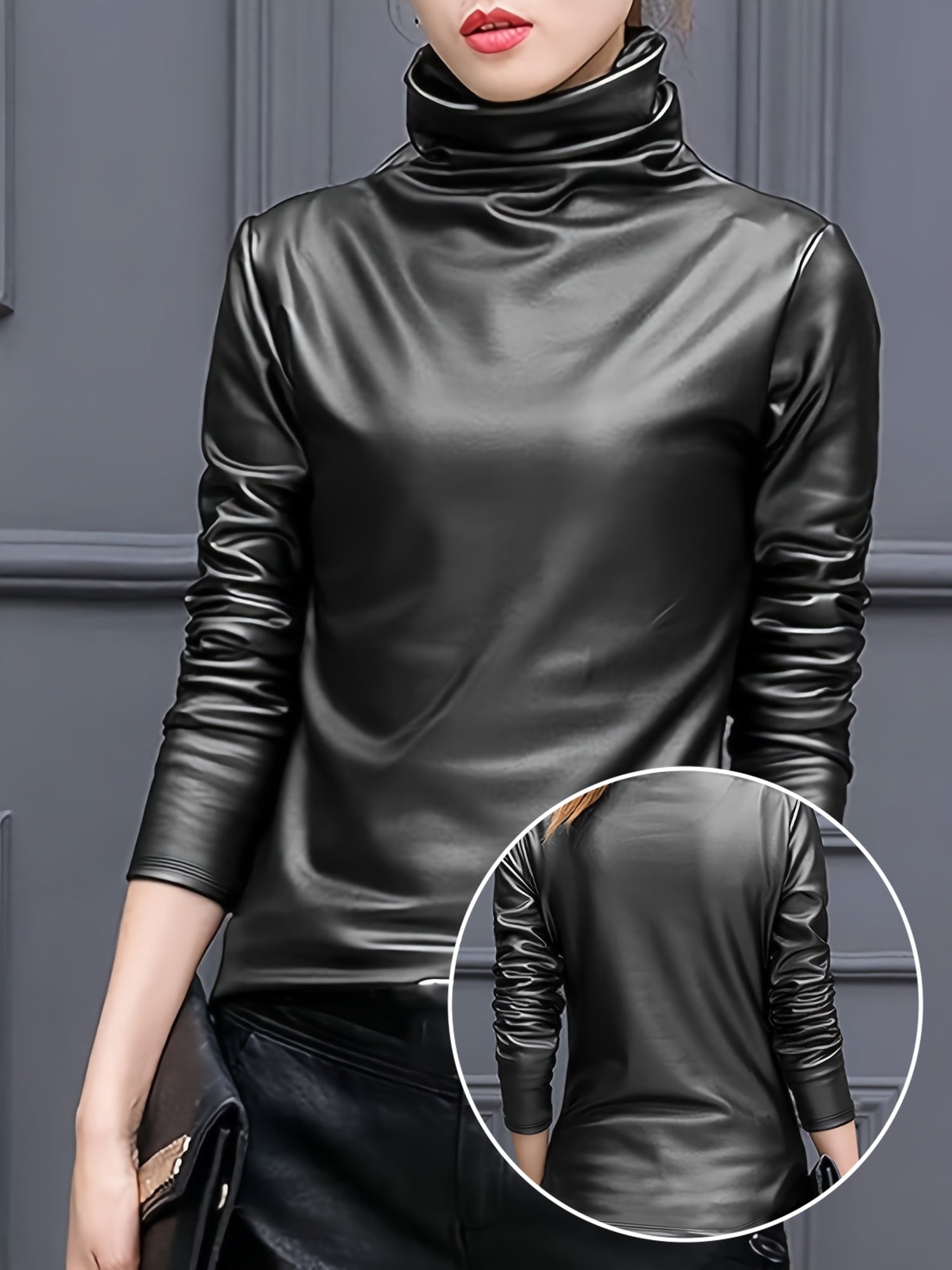 Elfrida | Vrouwen Lange Mouwen PU Leren Coltrui - Elegante Casual Top