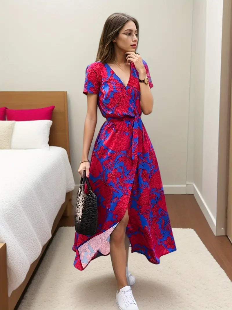 Caden - Boho V-hals met korte mouwen en stropdas splitjurk met grafische print