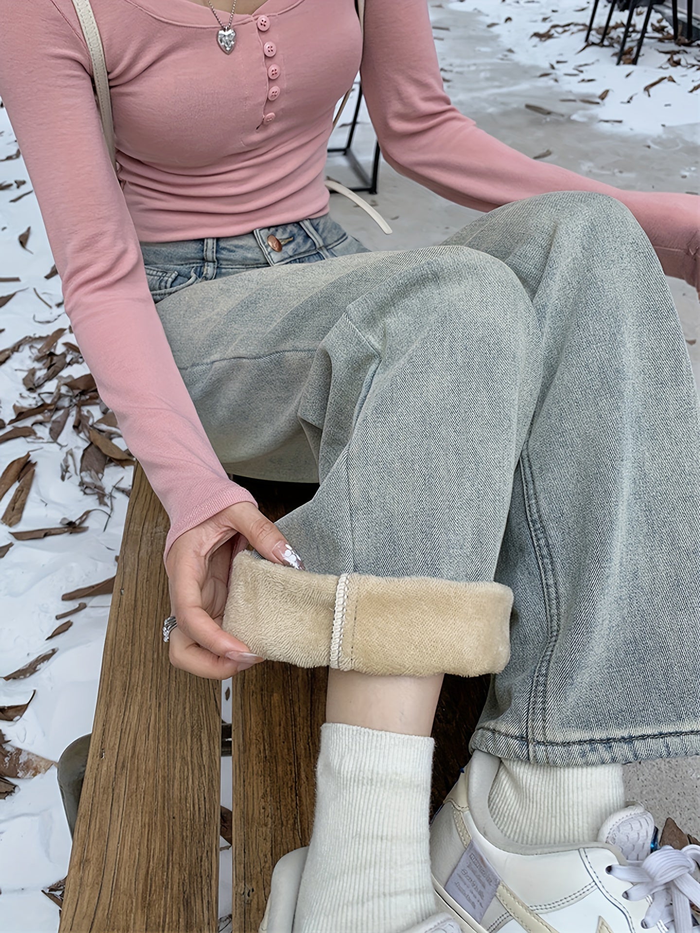 Nyra | Rechte damesjeans met fleece voering, Casual wijde pijp zonder stretch denim