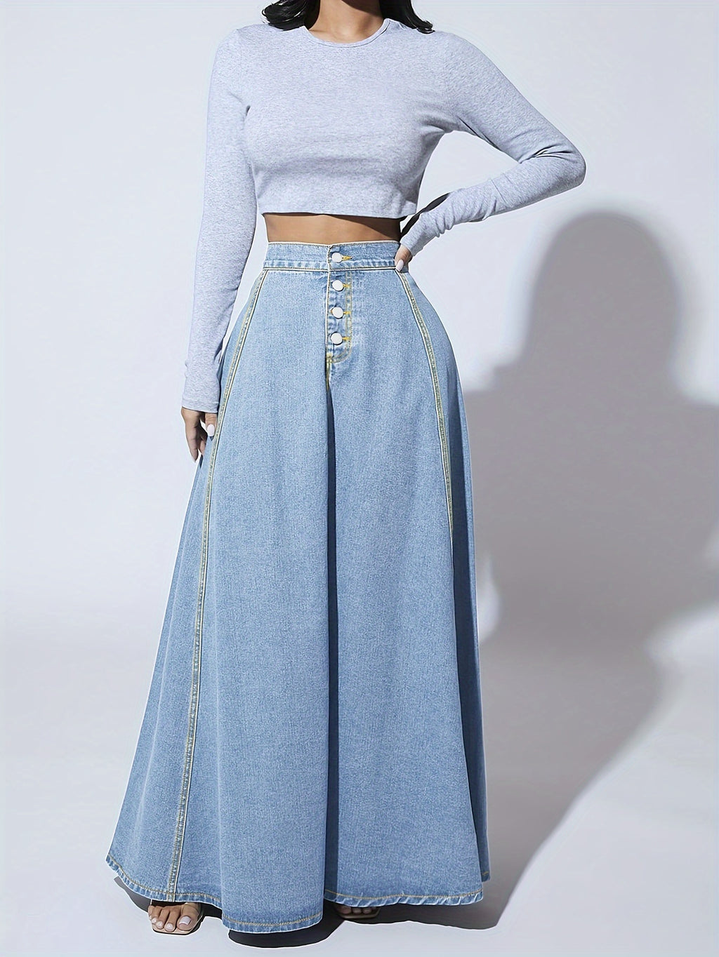 Melina | Hoog uitlopende enkelvoudige geruite maxi flare denim rok