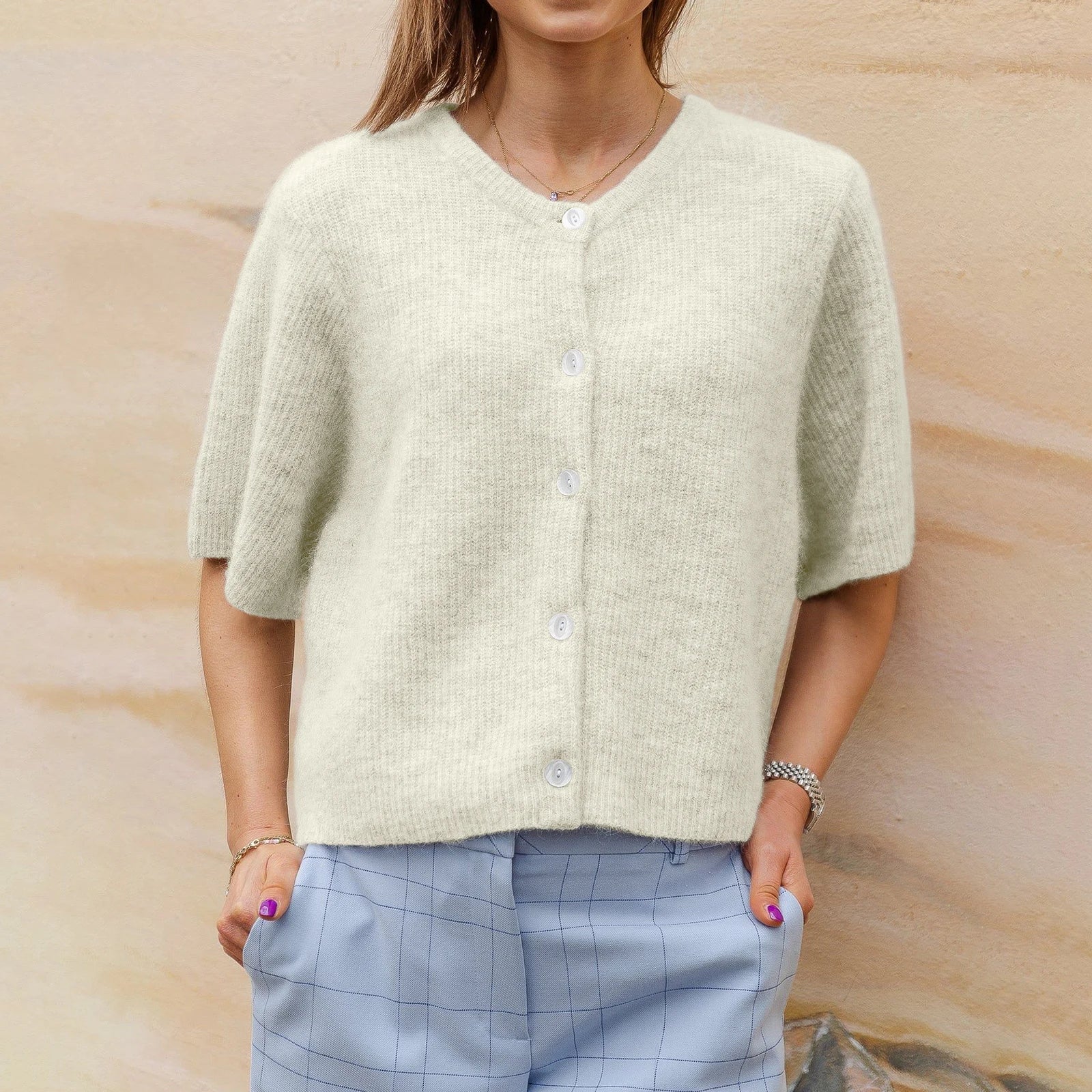 Cavara | Vintage vest met korte mouwen voor dames – Gebreide top met knopen, zachte trui