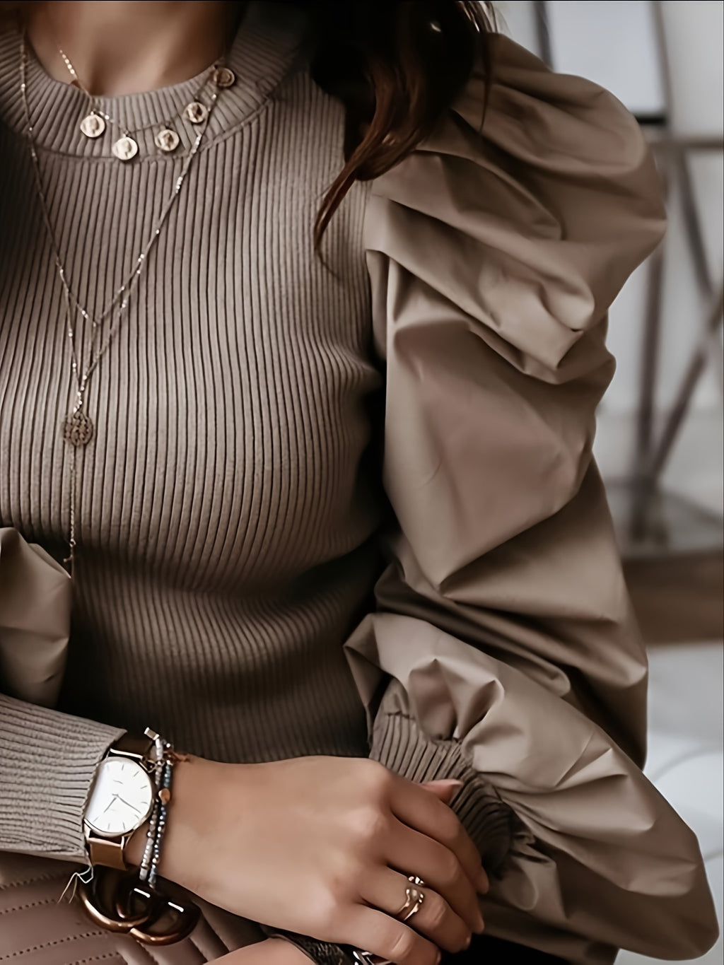 Valindra | Elegant Solid Ribbed Crew Neck Blouse with Puff Sleeves