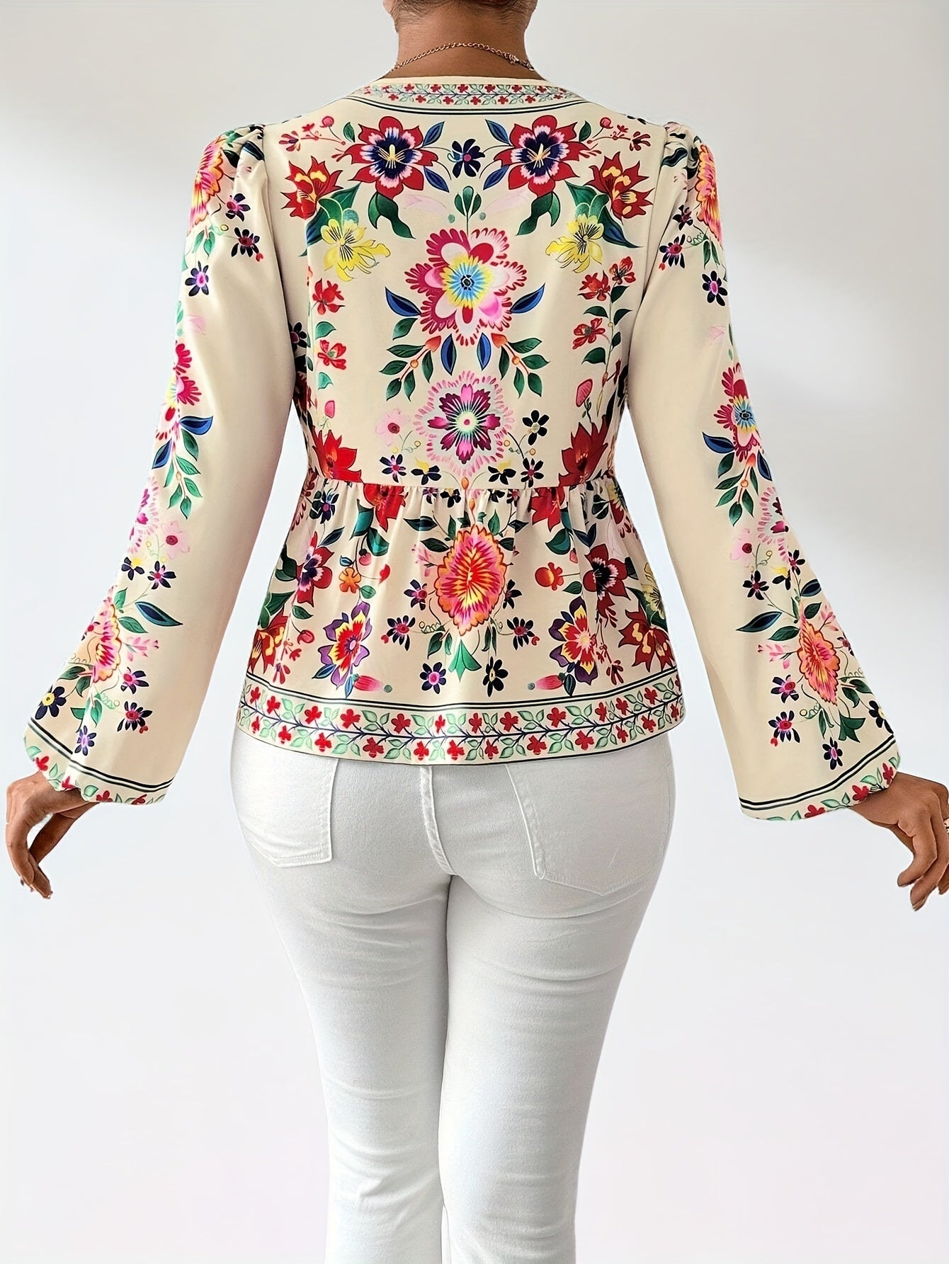 Aletha | Elegant Floral Print Blouse for Women – Long Puff Sleeves, Tie Closure, V-Neck
