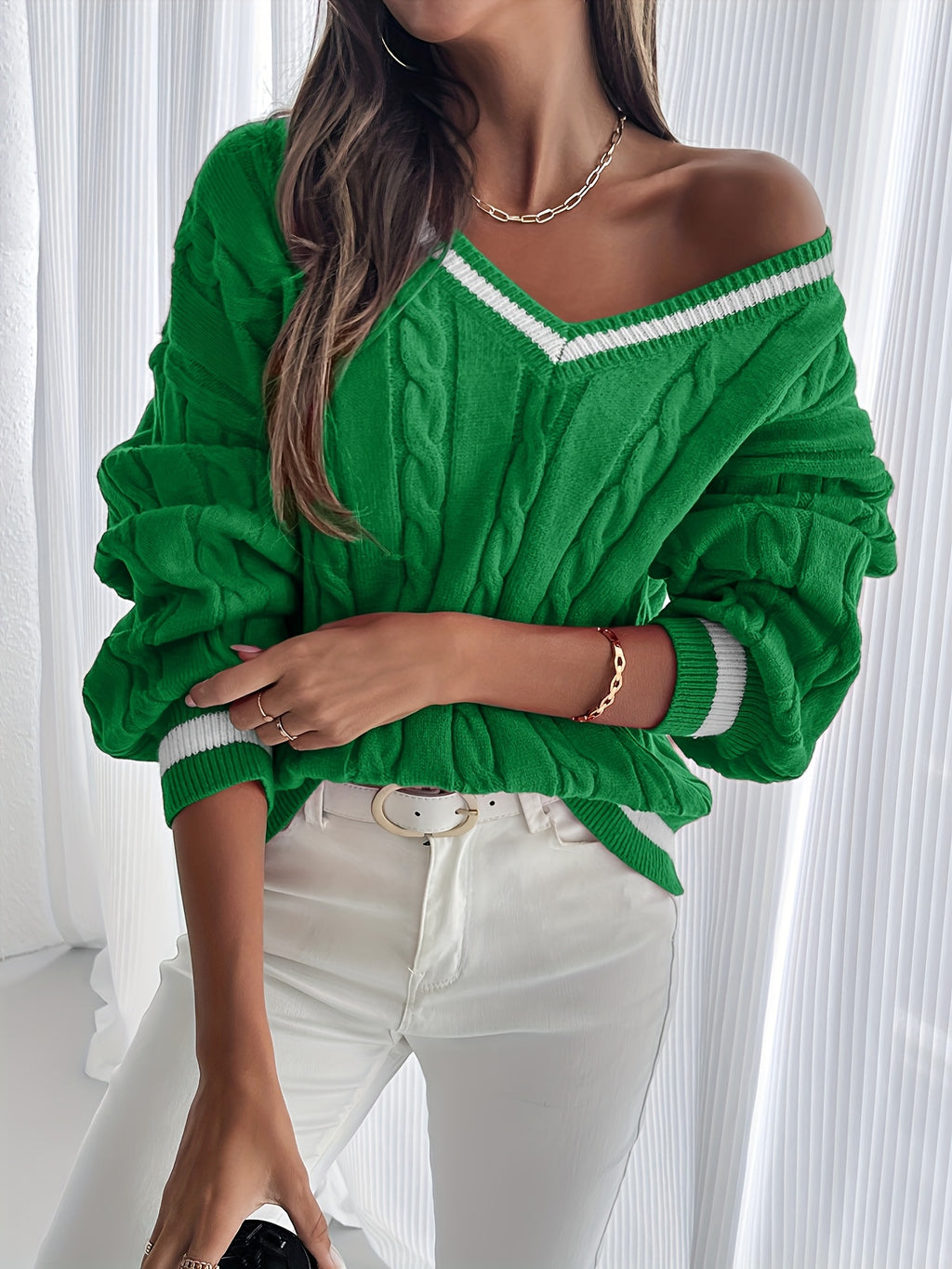 Esther | Elegante gebreide trui met V-hals voor vrouwen - Casual Pullover met lange mouwen, Zachte gebreide kabeltop