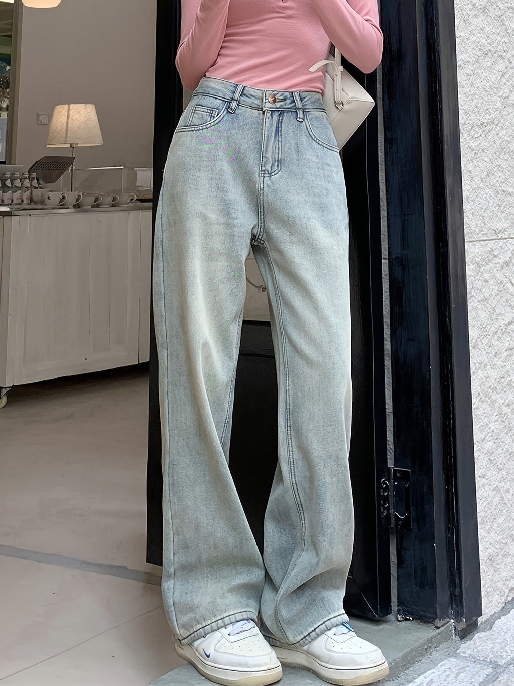 Nyra | Rechte damesjeans met fleece voering, Casual wijde pijp zonder stretch denim