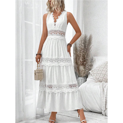 Robe femme sans manches à dentelle et col V