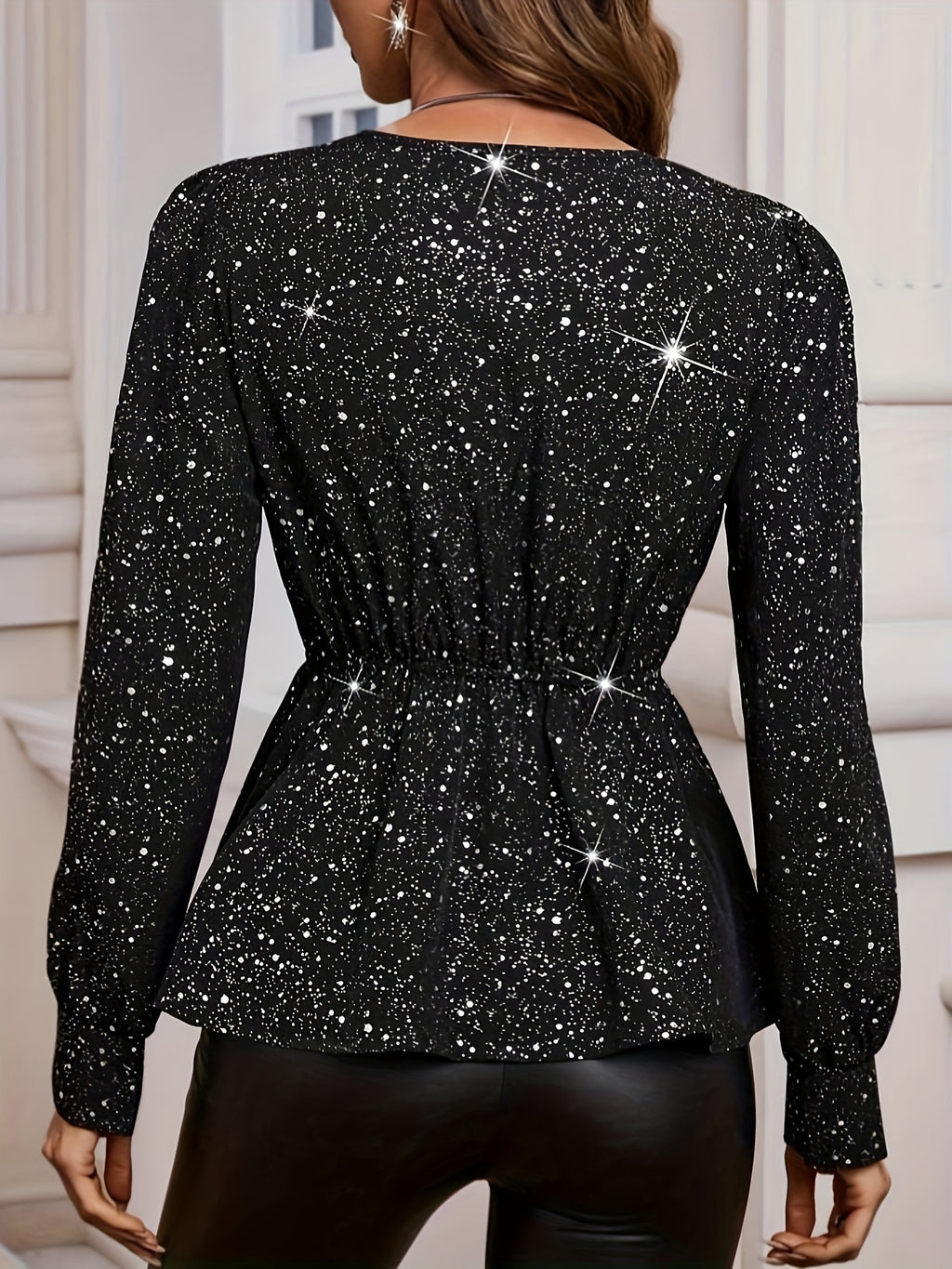 Verena | Damesblouse met pailletten en V-hals - Elegante top met lange mouwen en gerimpelde zoom