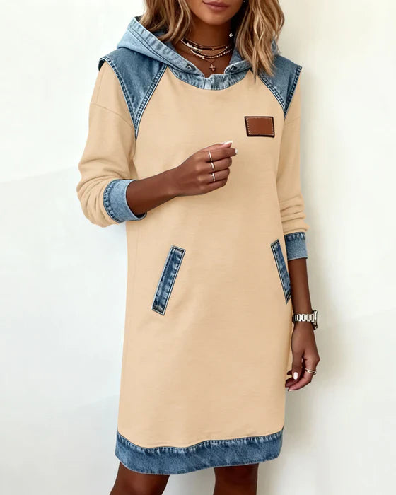 Mirana | Casual jurk met lange mouwen, denim capuchon en contrasterende stiksels – Comfortabele outfit