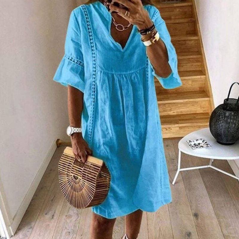 Queralt | Bohemian V-neck Airy Dress - Short Sleeve, Knee-Length