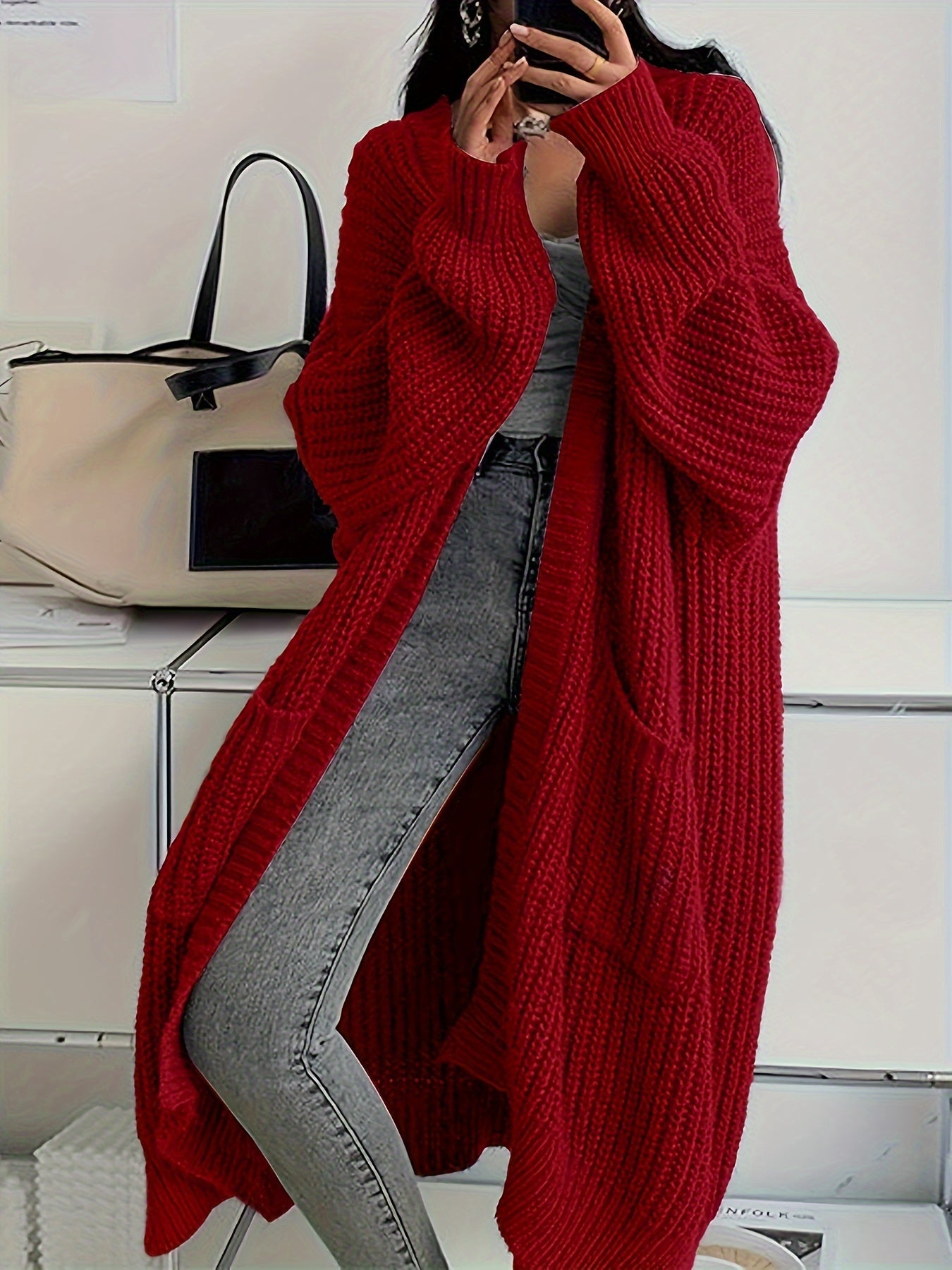 Noomi | Gilet long uni pour femme, ouvert sur le devant, manches longues décontractées et épaules dénudées