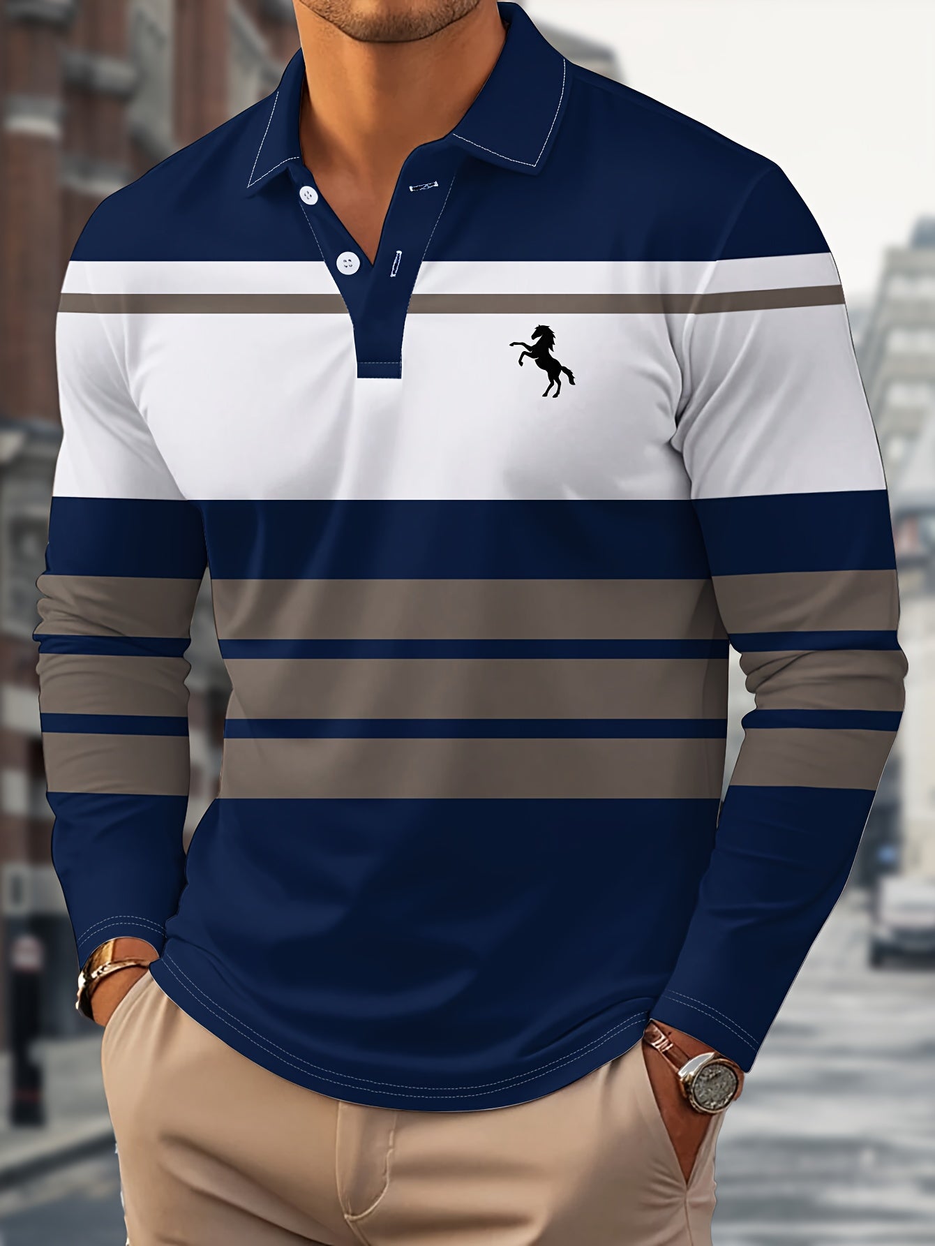 Radovan | Polo rayé à manches longues – Chemise boutonnée respirante, idéale pour le travail et les loisirs