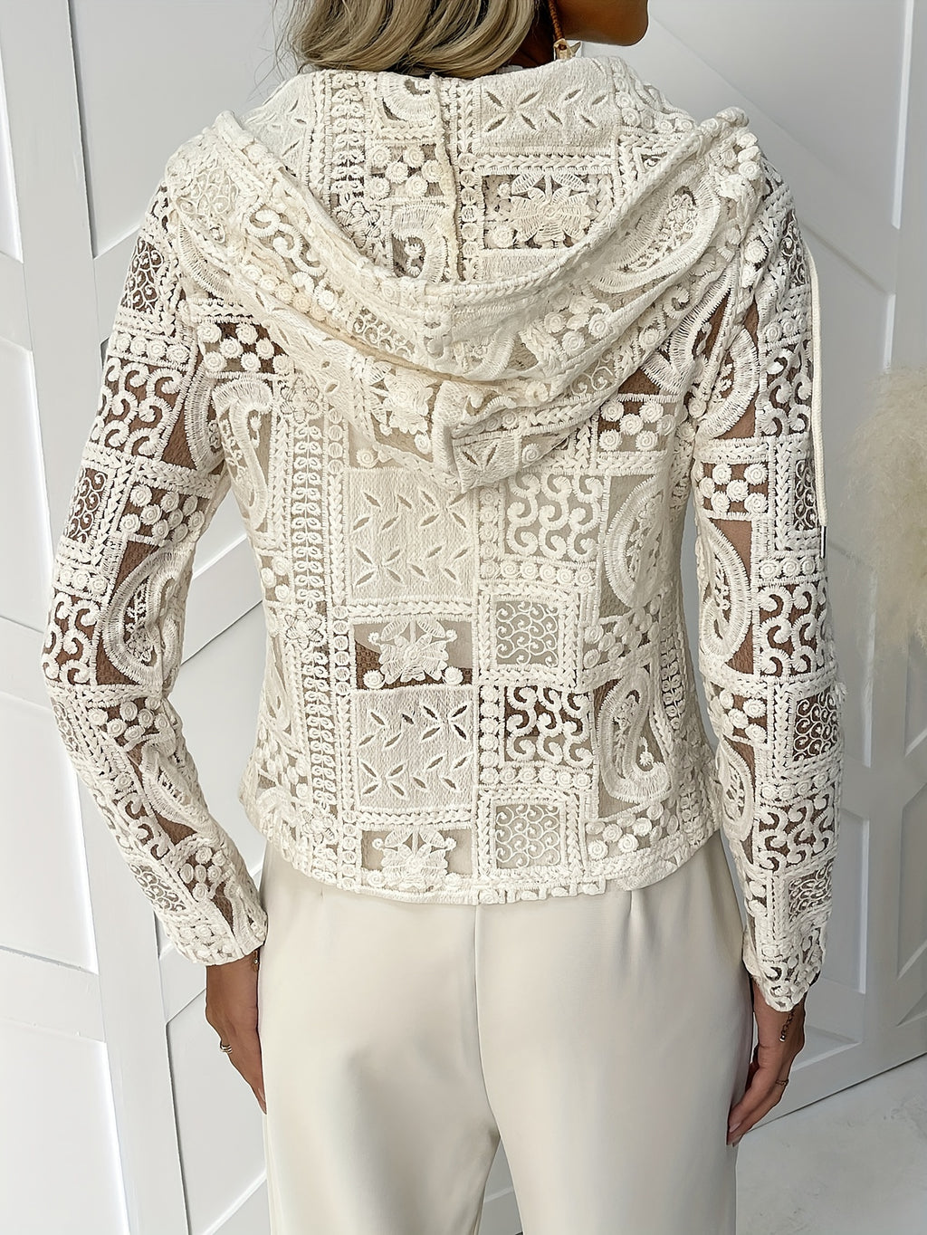 Quinby | Women's Lace Hoodie - Casual Cardigan with Eyelet Detail