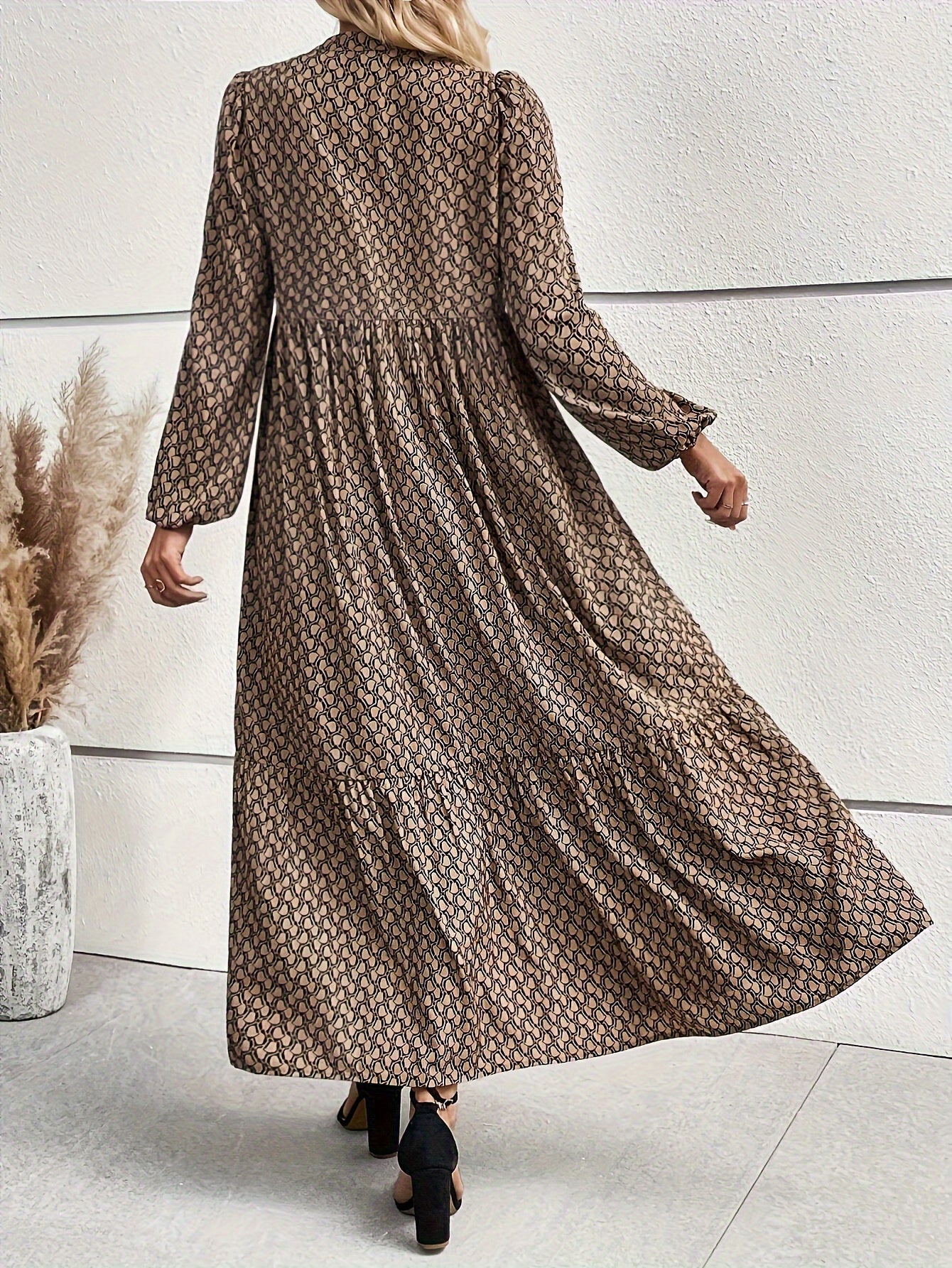Neroli | Elegant Maxi Dress with Round Neck - Long Lantern Sleeves, A-line, Button Detail