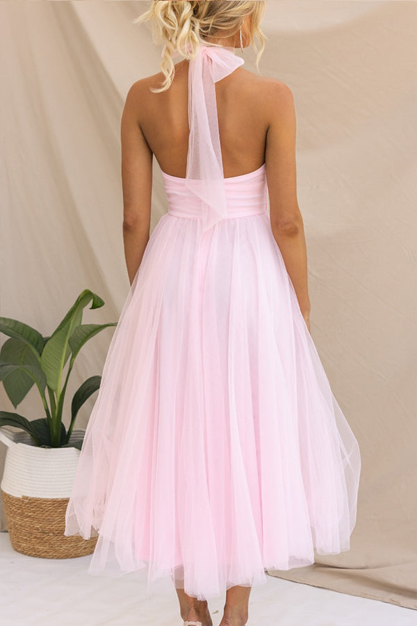 Bellina | Elegant Long Halter Neck Dress - Mesh Fabric
