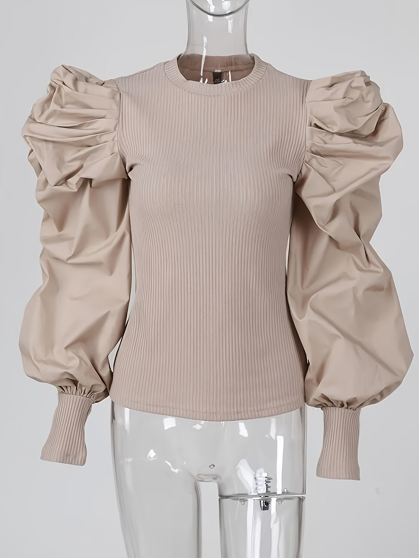 Valindra | Elegant Solid Ribbed Crew Neck Blouse with Puff Sleeves