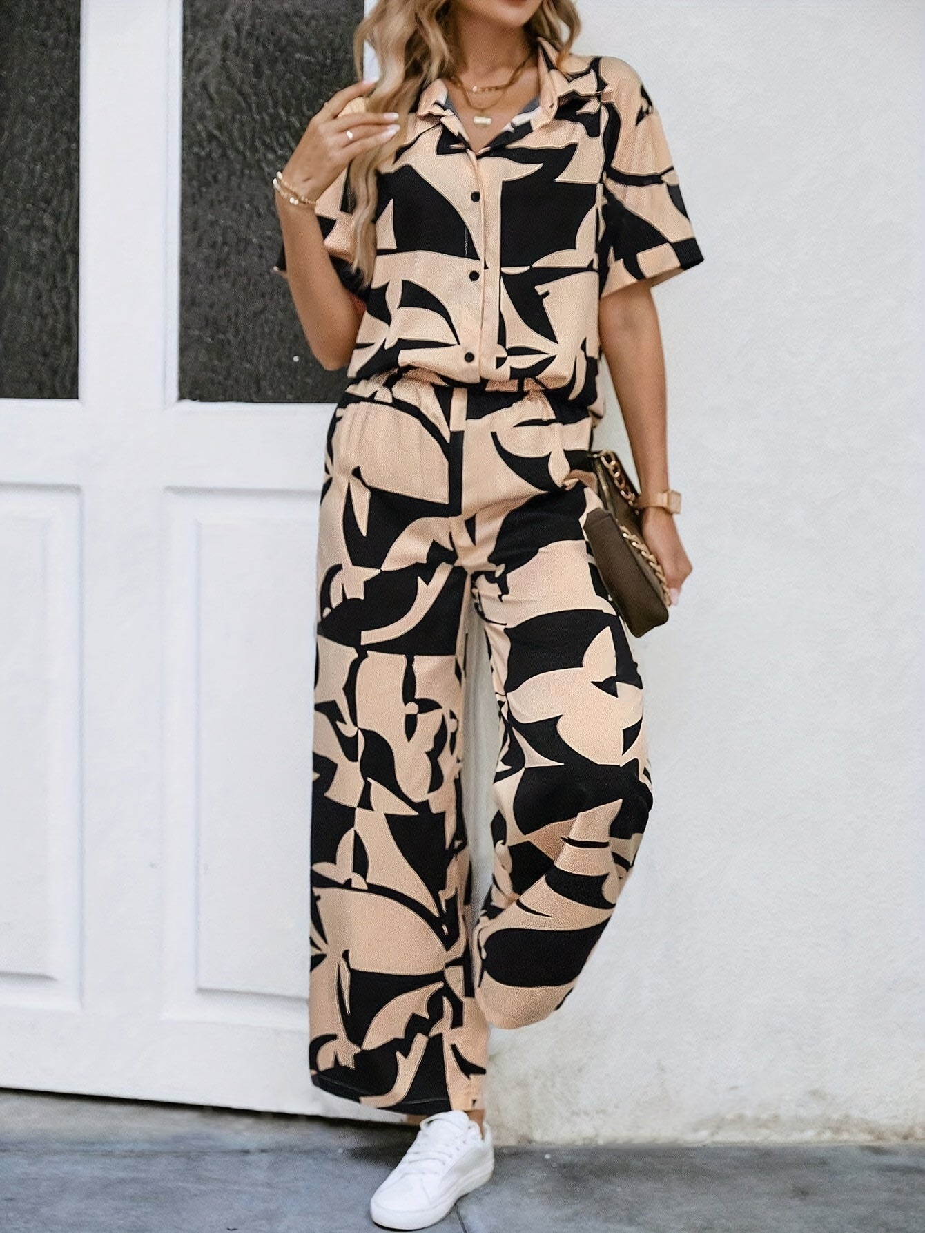 Veyra | Elegant Two-Piece Set with Abstract Print, Button-Up Shirt, and Wide-Leg Pants