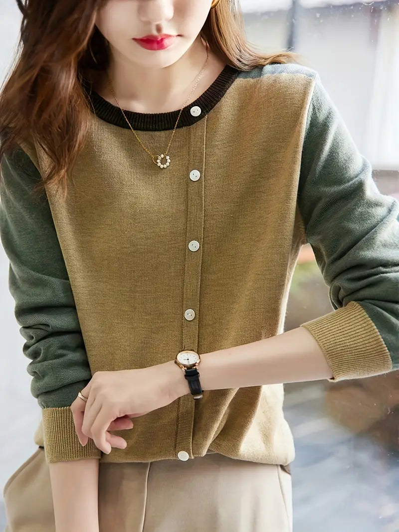 Azrielle | Kleurblok damesvest - Klassiek gebreid katoenen truitje met knoopjes voor casual kleding