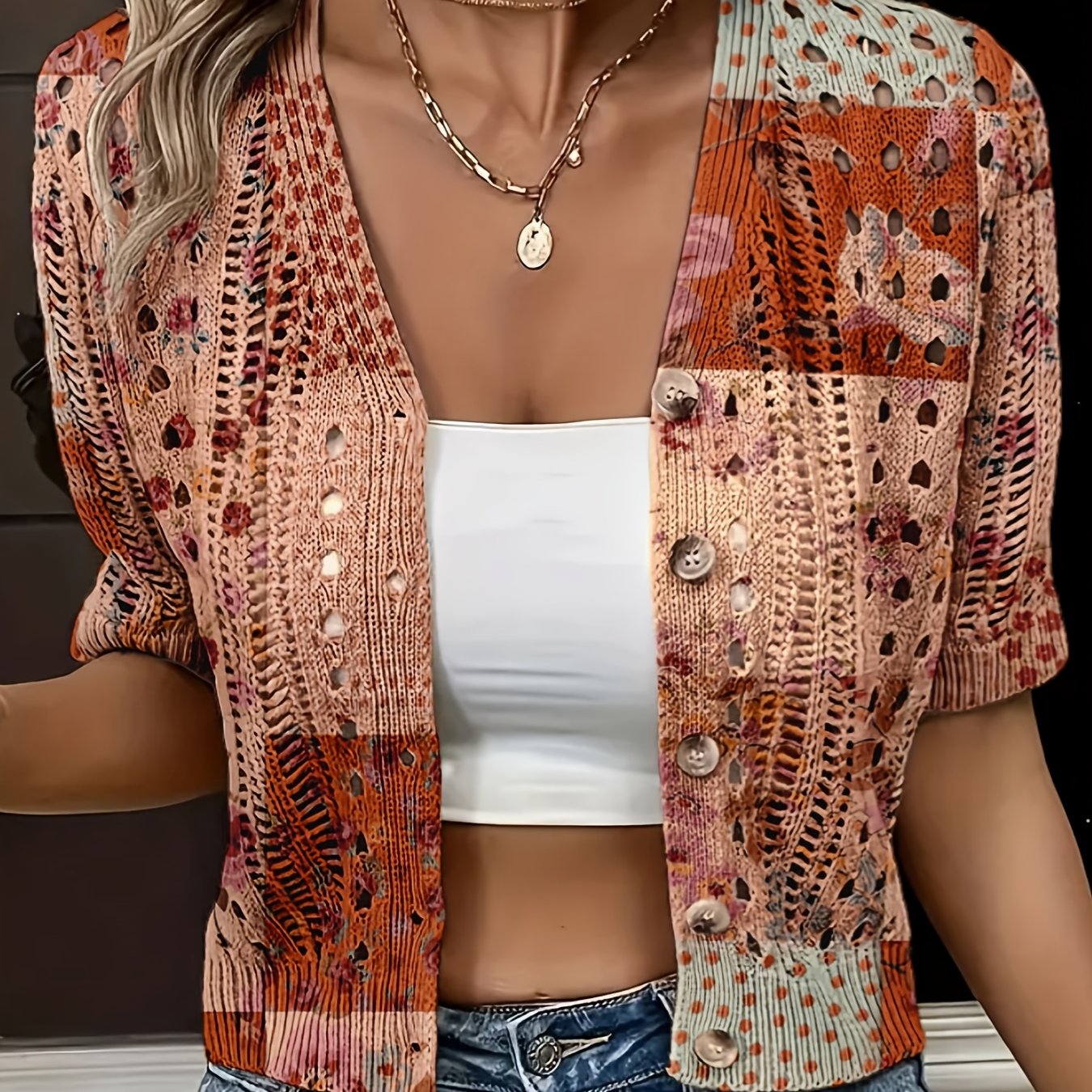 Eenira | Dames Bohemian Haakwerk Vest – Korte V-Hals, Kleurrijk Gebreid Bovenkledingstuk