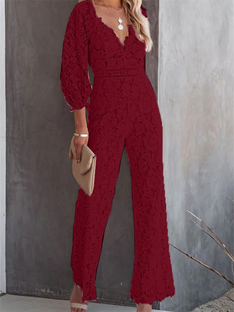 Jillian | Witte holle bloemenprint v-hals wijde broek jumpsuit