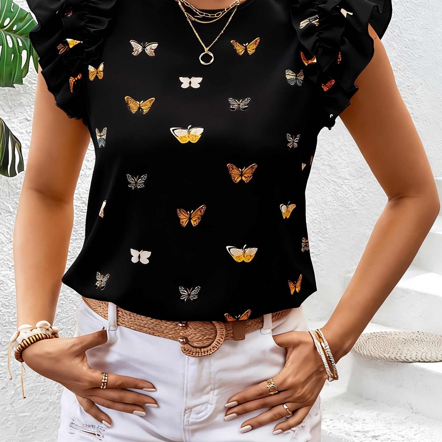 Islyn | Vakantietop voor dames – Elegante blouse met vlinderprint en ruches aan de mouwen