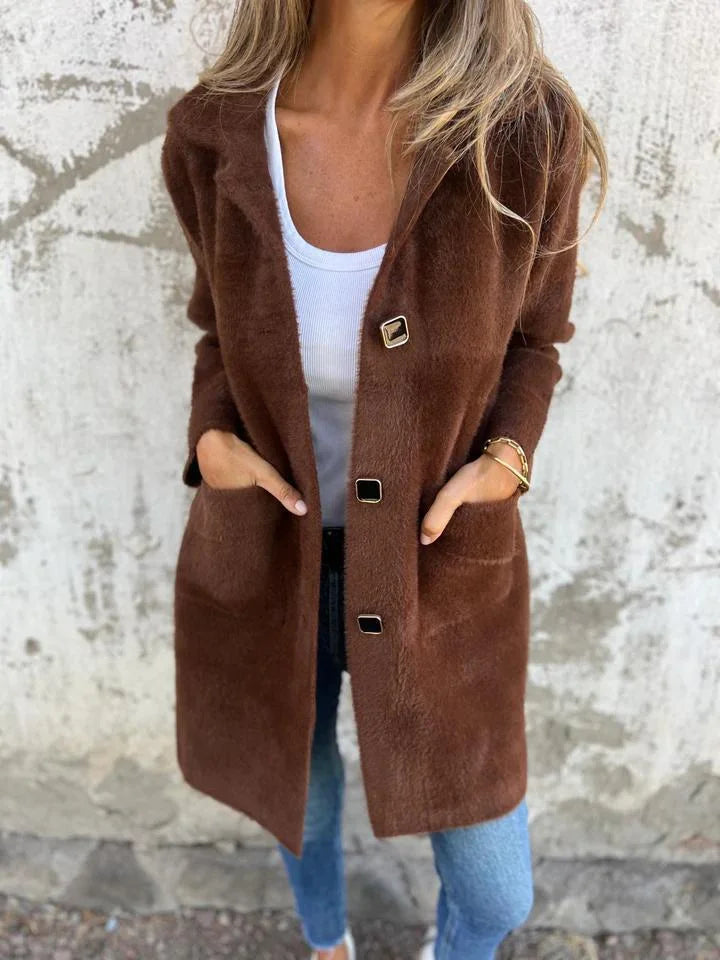 Aralia | Fuzzy gebreide jas – Stijlvolle vierkante knopen, warme winterjas, lange mouwen, casual en chic