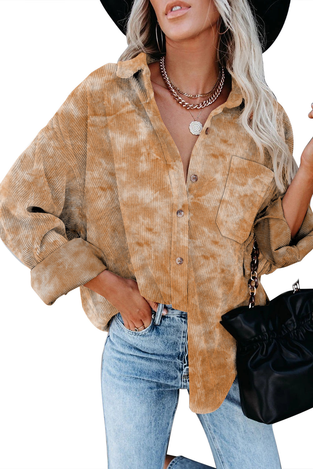Delyra | Women's tie-dye corduroy shirt - Oversized, Long sleeves, Button closure - casual top