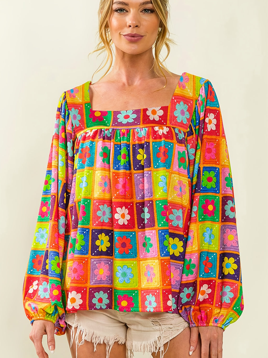 Raissa | Vrouwenbloemenblouse met vierkante hals - Lange mouwen, lantaarnmouwen, casual & elegant