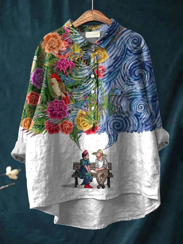 Elza | Oversized Damesshirt met Hondenkunst print - Lange Mouw Katoenen Casual Blouse