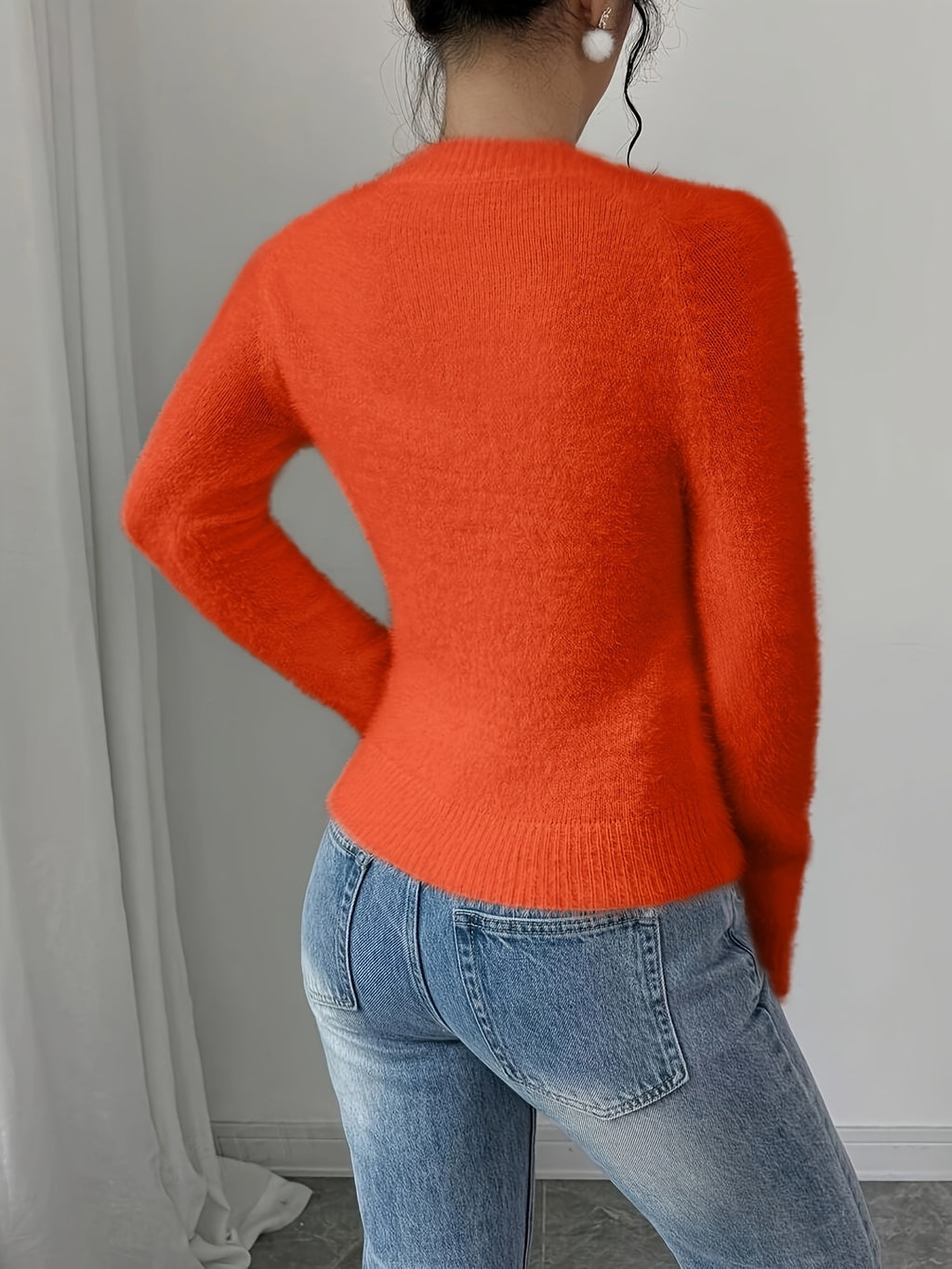Nadine | Warme dames fleece trui - Fuzzy gebreide ronde hals top in effen kleur