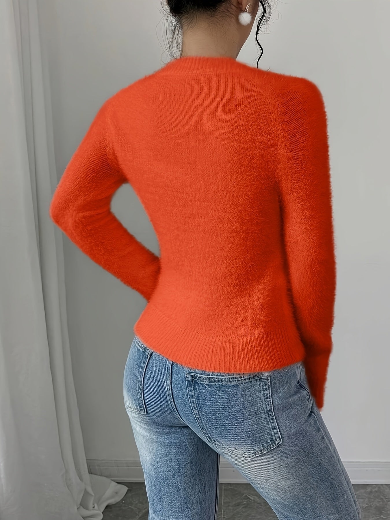 Nadine | Warme dames fleece trui - Fuzzy gebreide ronde hals top in effen kleur