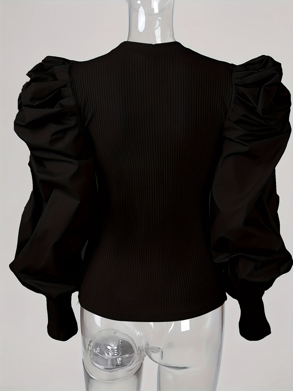 Valindra | Elegant Solid Ribbed Crew Neck Blouse with Puff Sleeves