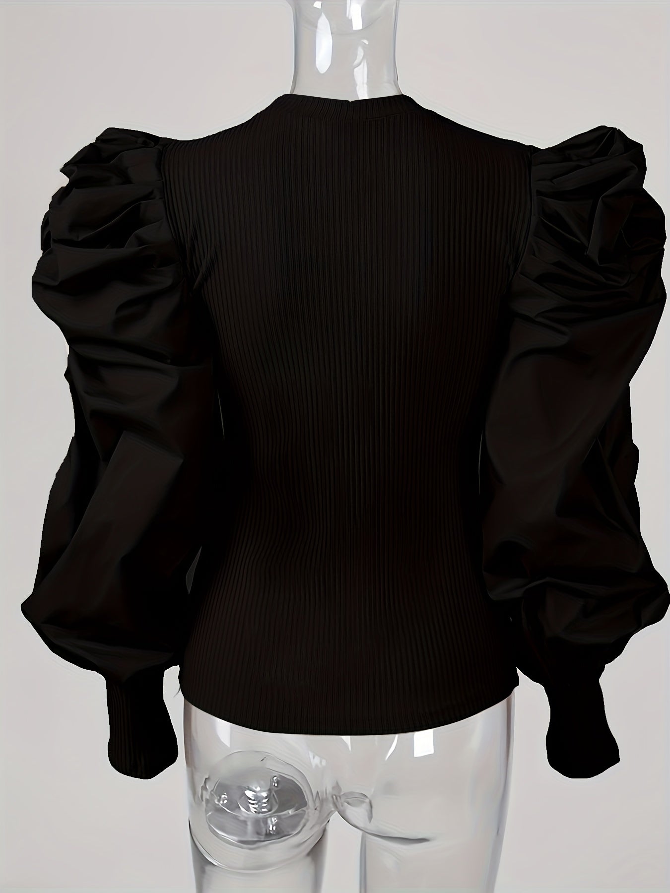Valindra | Elegant Solid Ribbed Crew Neck Blouse with Puff Sleeves