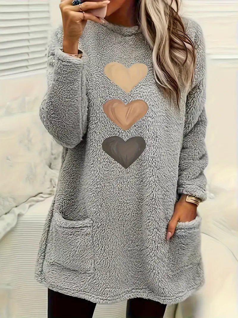 Gevina | Kleurrijk fleece sweatshirt met hartjes en zakken – Comfortabele wintertrui, zachte casual top