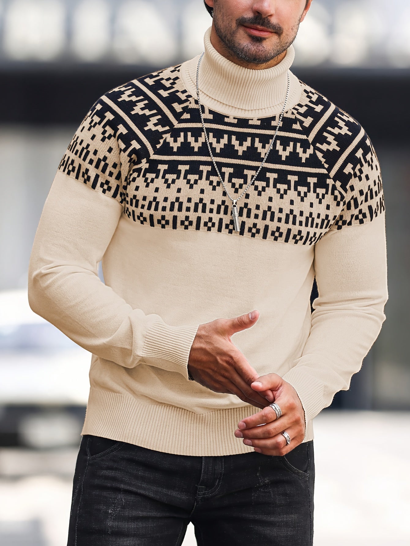 Beckett | Gebreide coltrui met geometrische grafische print, casual trui met lange mouwen voor herfst en winter