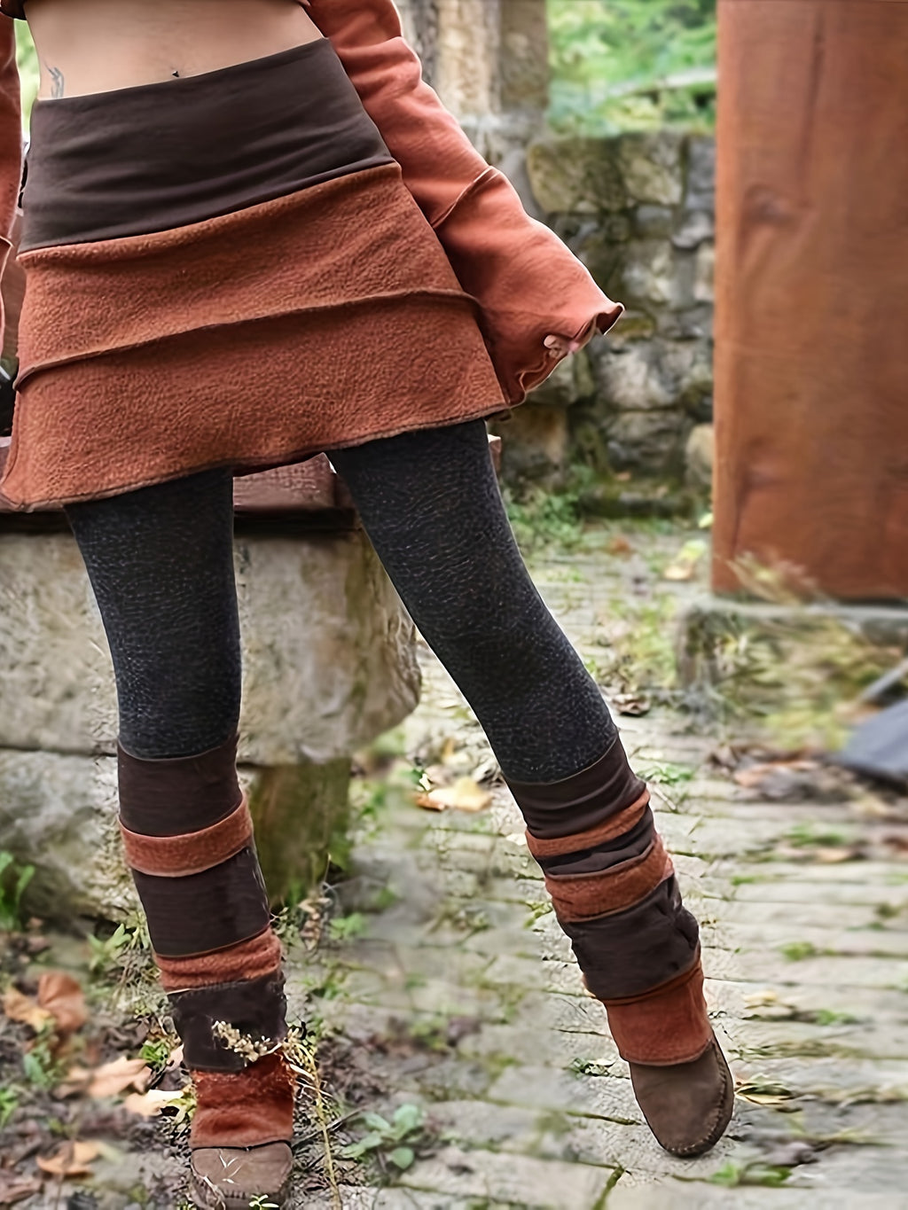 Keturah | Vintage-geïnspireerde legging met hoge taille en overslag van imitatiesuède - kleurblokontwerp