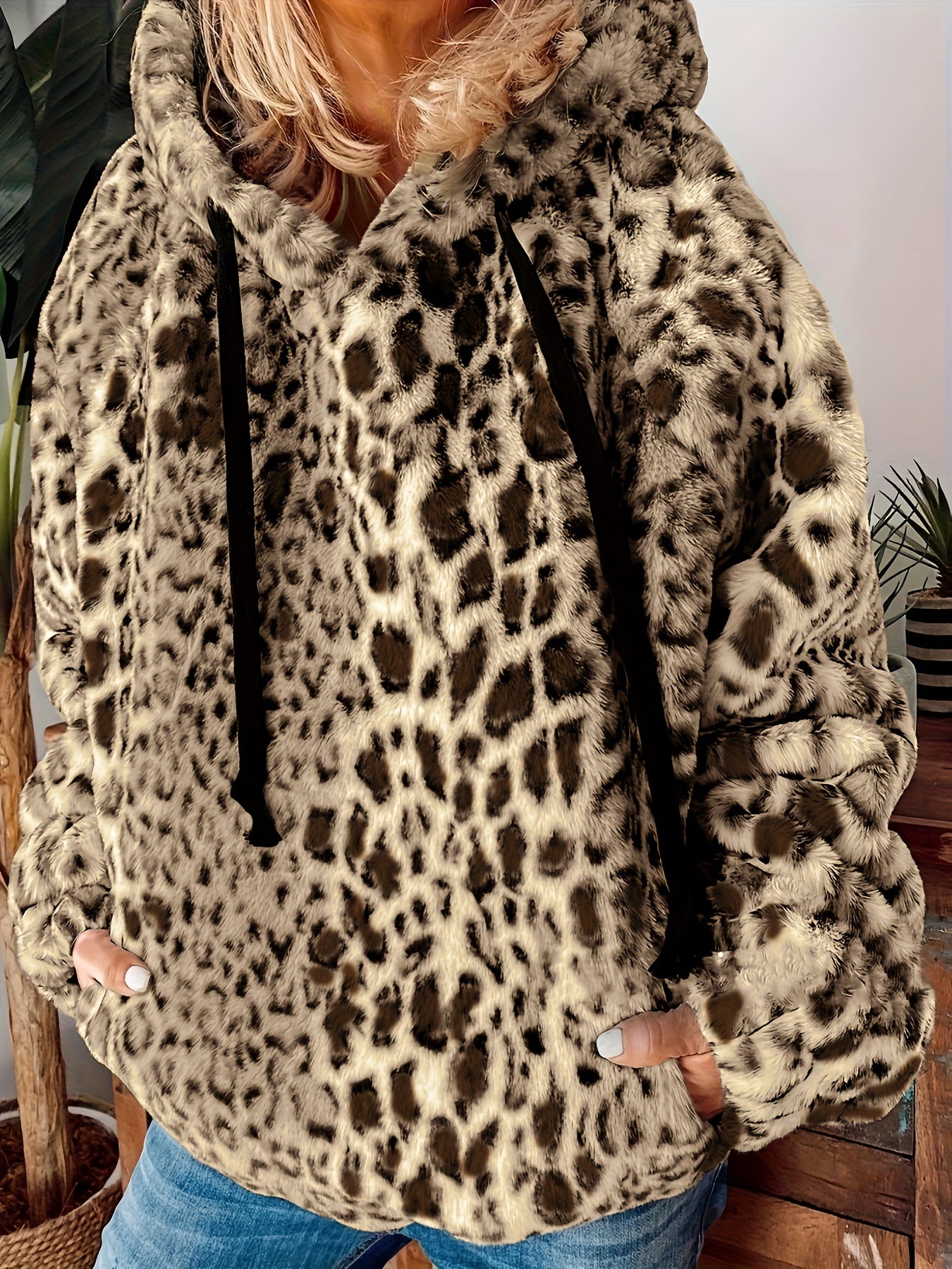 Claribel | Plus size fuzzy luipaardprint capuchon met koord - Casual Herfst/Winter Sweatshirt