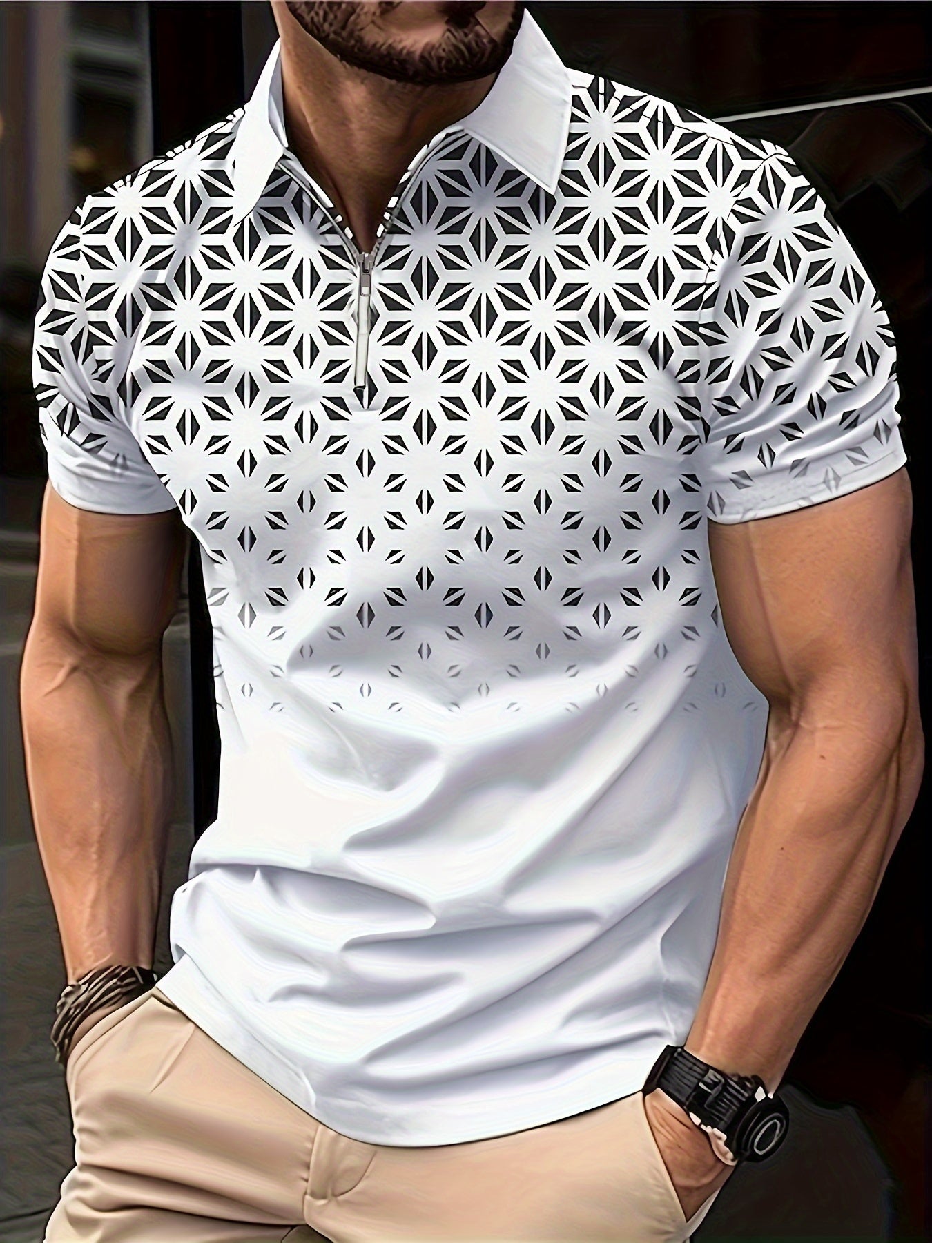 Waldred | Polo zippé géométrique pour homme - Respirant, extensible, manches courtes, coupe décontractée