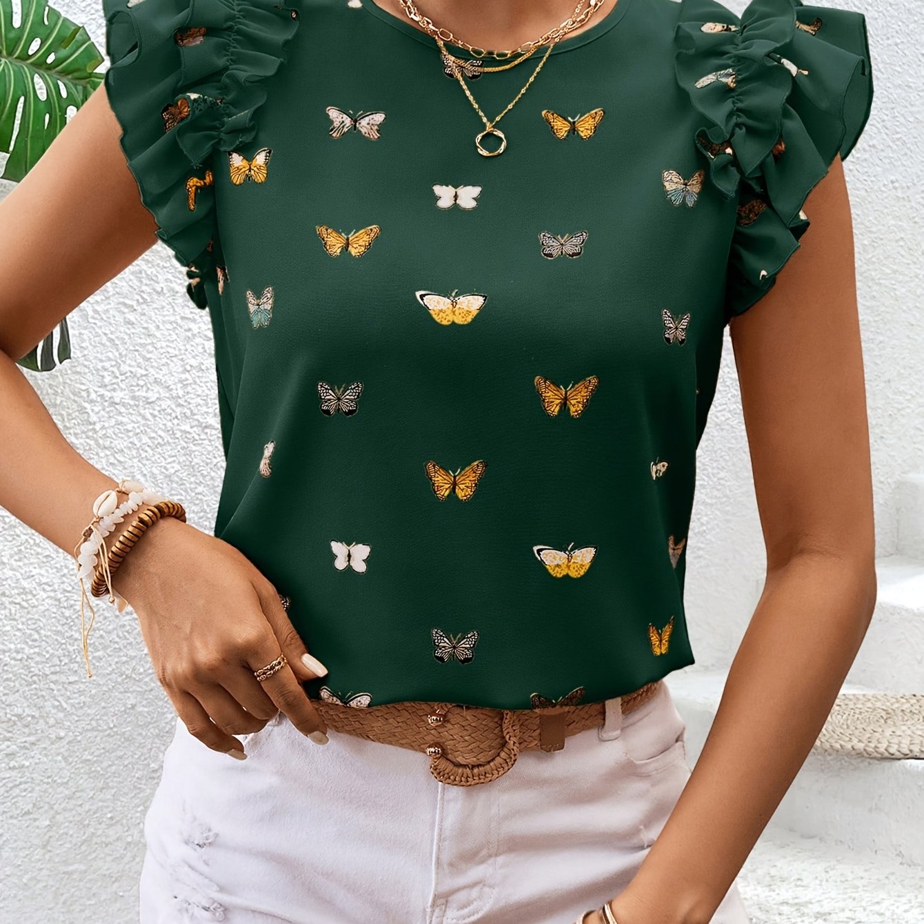 Islyn | Vakantietop voor dames – Elegante blouse met vlinderprint en ruches aan de mouwen