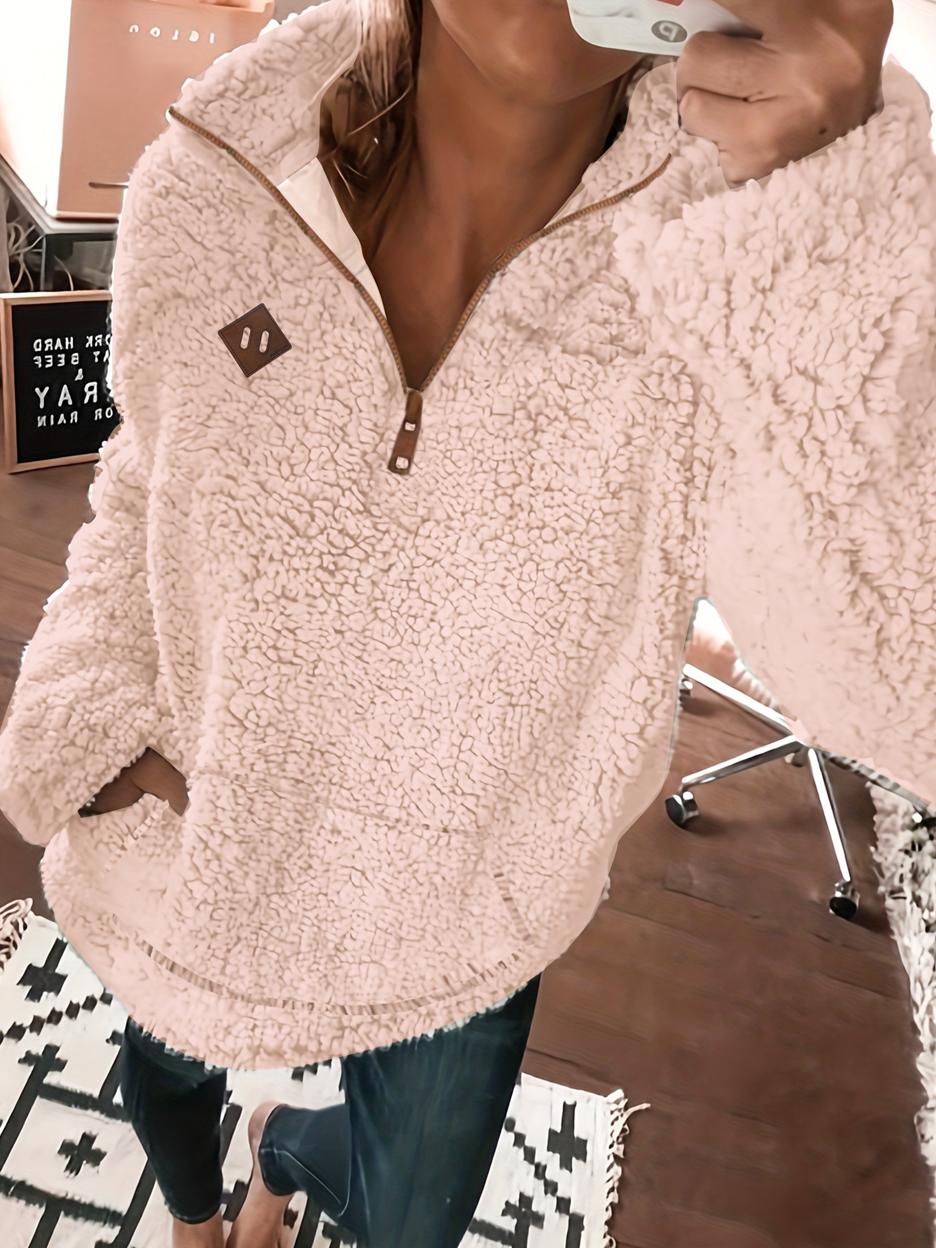 Cambia | Dames Patch Kwartier Ritssluiting Pullover Teddy Sweatshirt - Knusse Casual Lange Mouwen Fleece Top