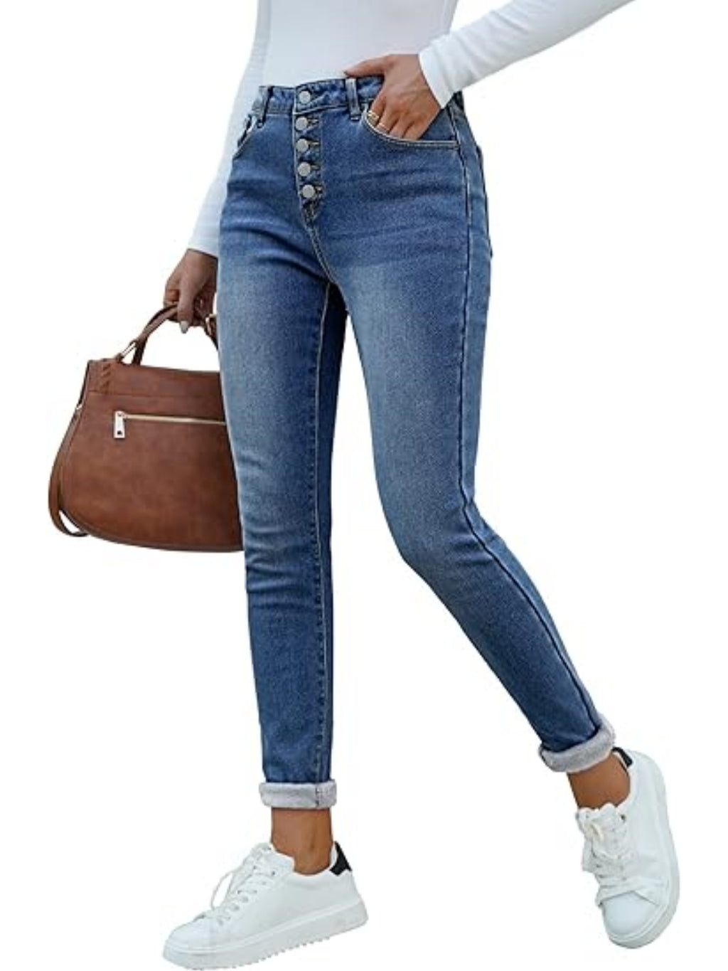 Odessa | Skinny jeans met fleecevoering - warme stretch denim met schuine zakken, knoopsluiting, comfortabele pasvorm