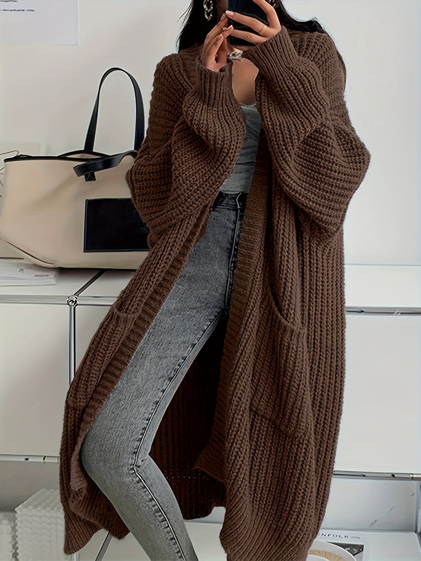 Noomi | Gilet long uni pour femme, ouvert sur le devant, manches longues décontractées et épaules dénudées