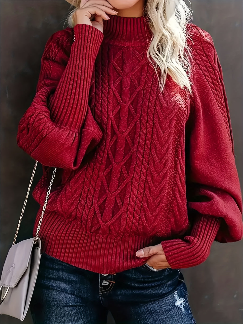 Harleigh | Vrouwen kabel gebreide coltrui - Drop Schouder lantaarn mouwen Casual trui voor herfst en winter